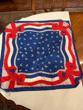 Vintage blue ribbon style Red, White & Blue Bow Print Square Scarf. So cute!